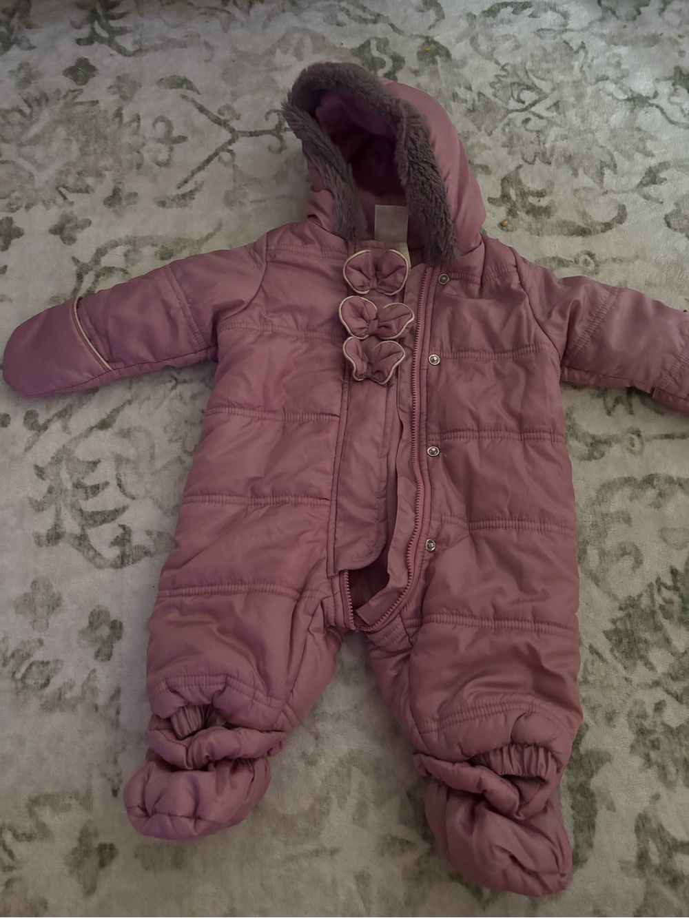 First Impressions Mauve Pink Hooded Infant Footie with Ruffle Accents